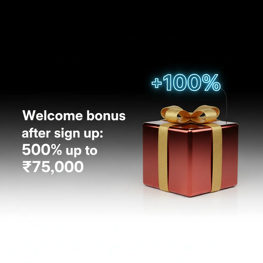 Welcome bonus banner: 500% up to ₹75,000 after signup for casino and sports, split across first 4 deposits.