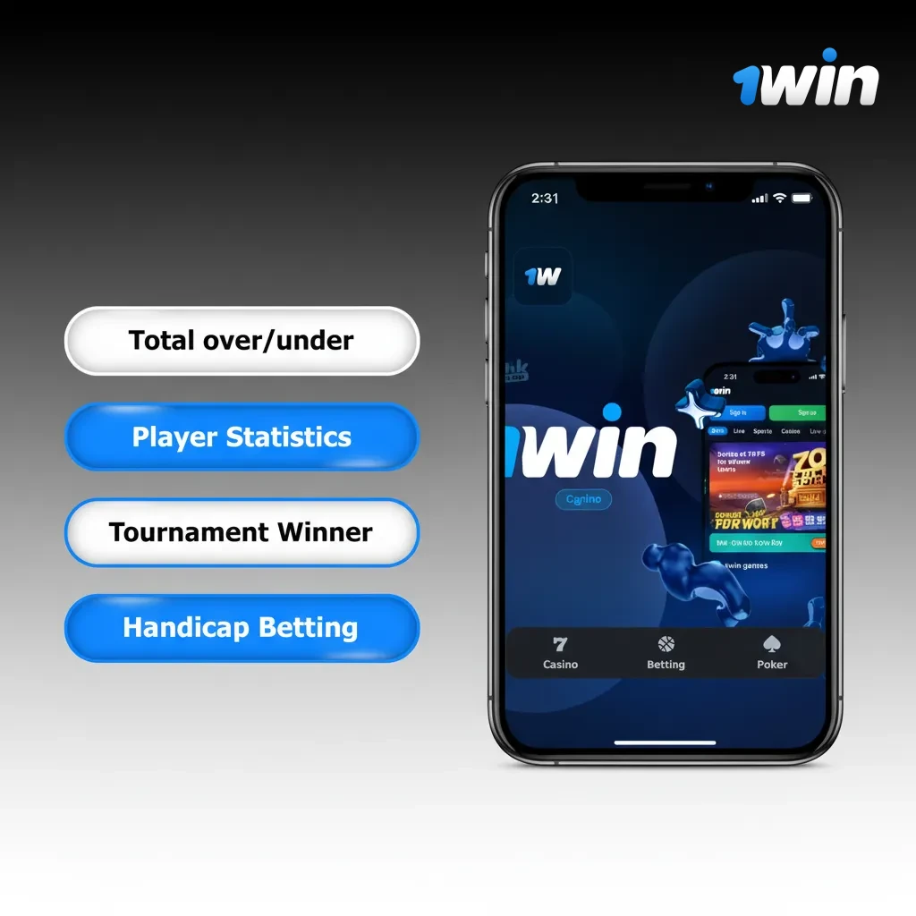 1win iOS graphic showing bet types: Single, Accumulator, System, Live, Outright/Futures; pick by risk and payout goals.