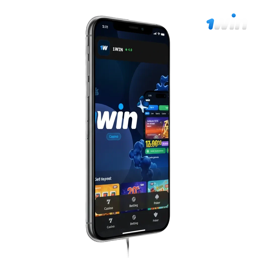 iPhone showing 1win app for betting and casino in INR; 500% welcome bonus up to ₹180,000 in India.