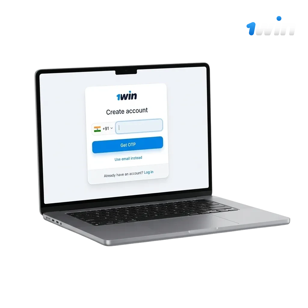 Banner showing 1win India registration with signup options, rupee deposits, and 500% welcome bonus up to ₹180,000