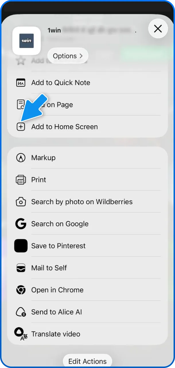 Select add to home screen for quick 1win access in India.