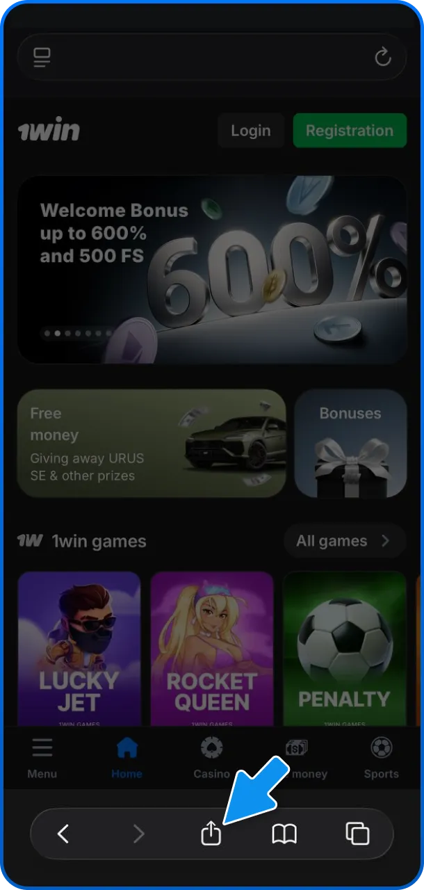 Tap the share icon to save the 1win web app to your iPhone.