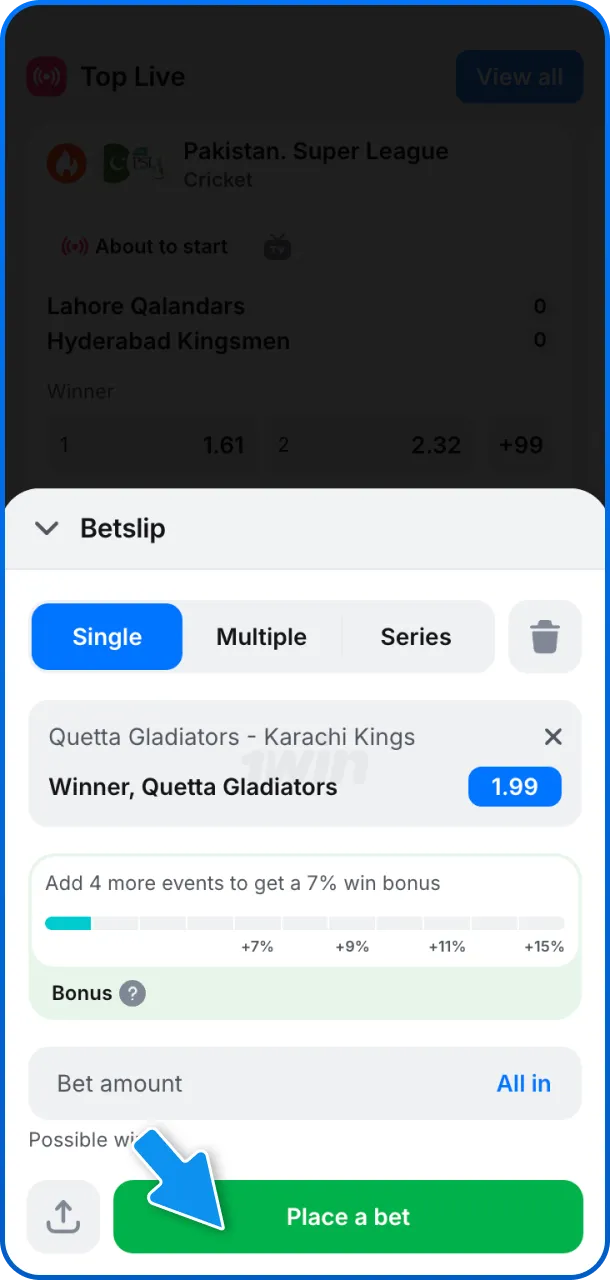 Enter the bet amount and confirm to finalize your wager on the 1win platform.
