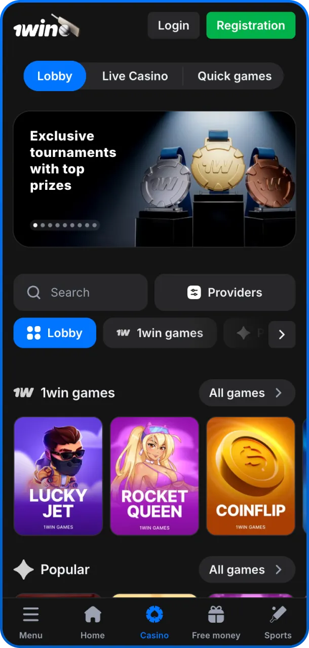 Casino showcases the diverse collection of slots and table games at 1win.