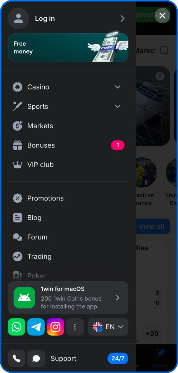 Left side highlights the intuitive navigation menu for 1win sports and features.