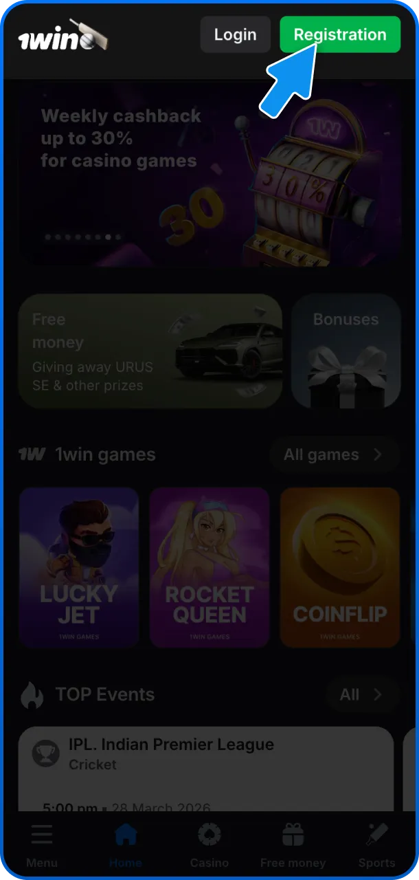 Click the registration button located at the top of the official 1win website.