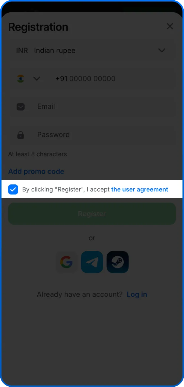 Confirm your age and accept the terms and conditions to proceed with 1win India.