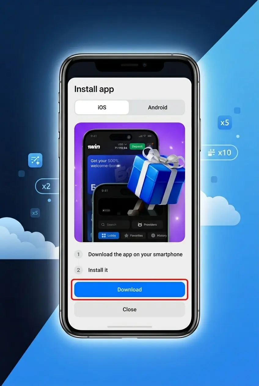 Screenshot showing 1win Android APK download and installation steps to access Aviamasters on mobile.