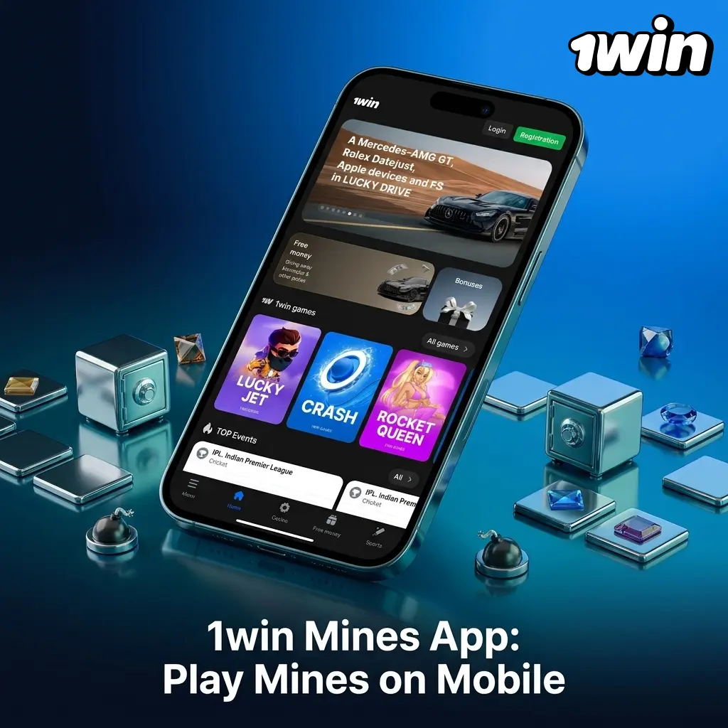 1win Mines app on mobile showing grid, bet controls, and cash out button for Android and iOS play.