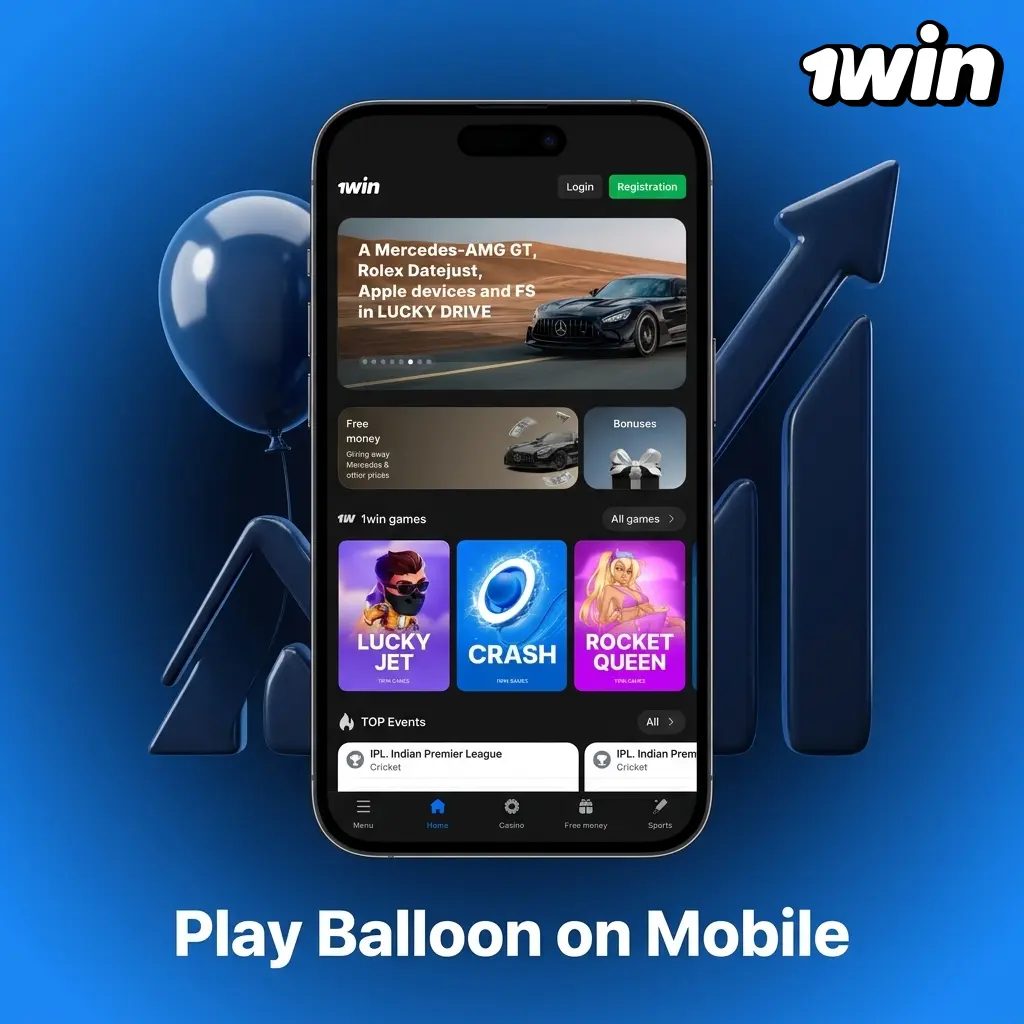 Play Balloon game on mobile at 1win via browser or Android APK, with touch betting controls and Cash Out feature.