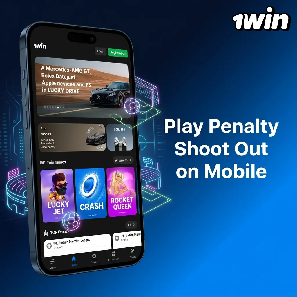 Play Penalty Shoot Out on 1win mobile site or app with touch controls, portrait layout, and UPI deposit access.