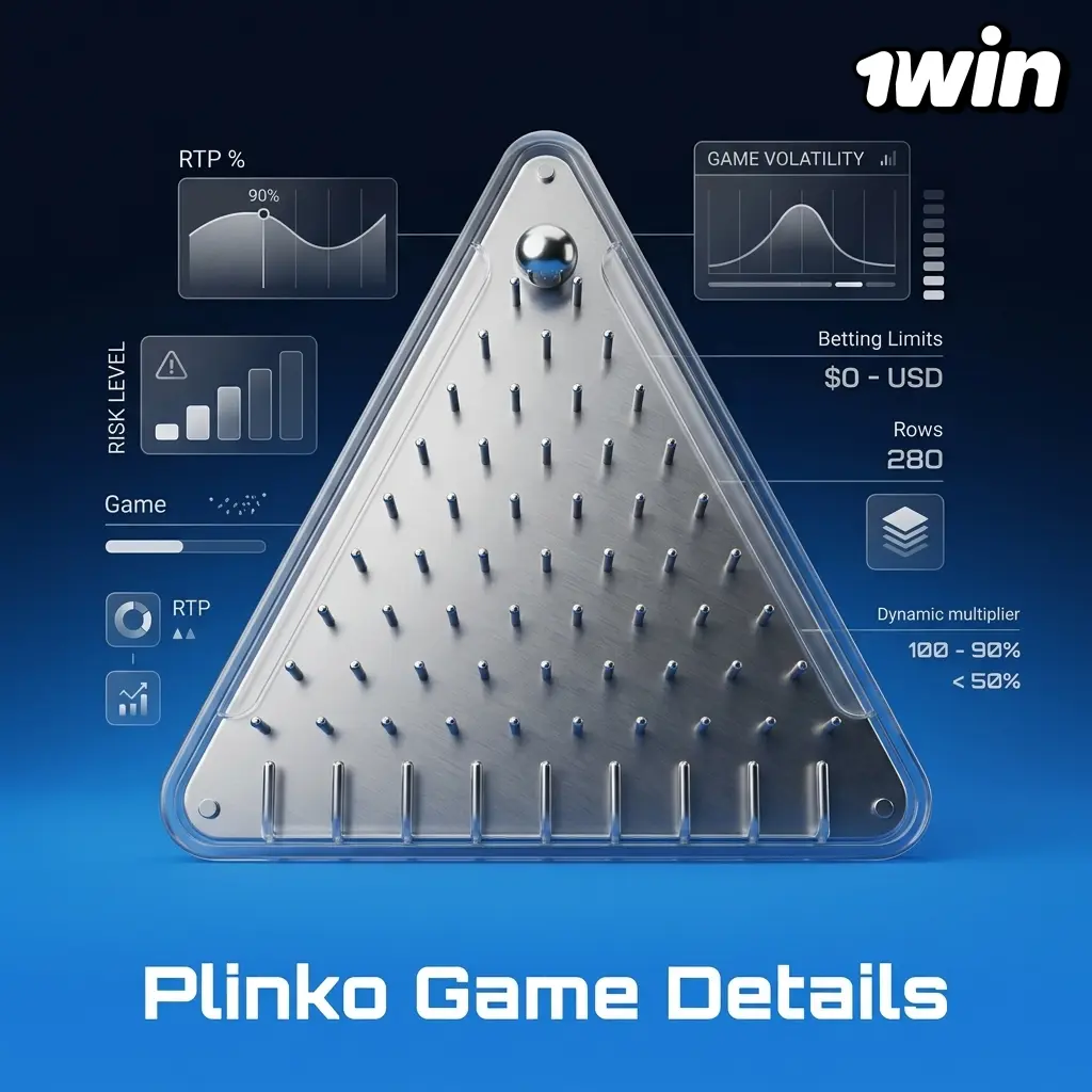 Plinko game details table showing 97% RTP, 8-16 rows, 10 INR minimum bet, and 1000x maximum multiplier