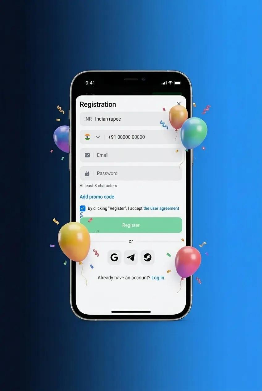 Step 1 of 1win registration on smartphone screen showing sign-up form to start playing Balloon game
