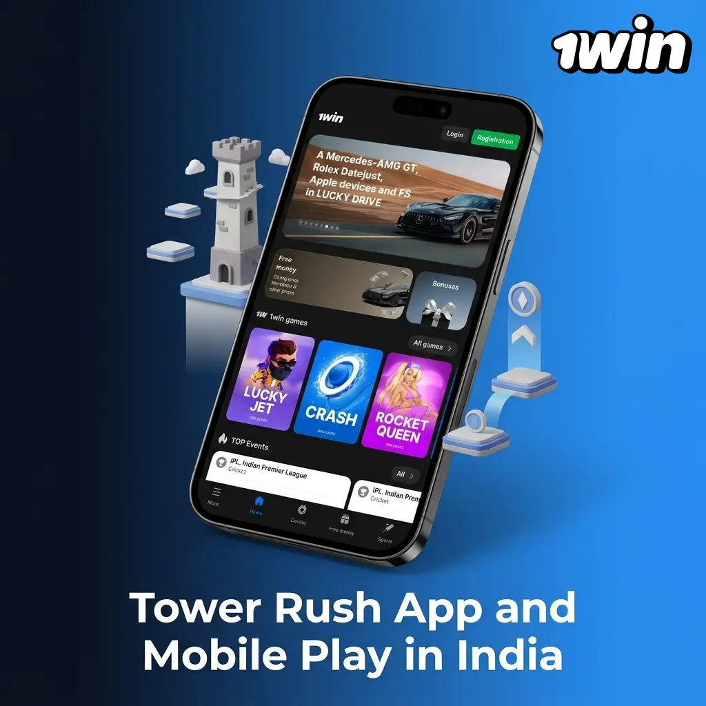 Tower Rush game on 1win app for Android and iOS, showing mobile tower layout and touchscreen bet controls in India