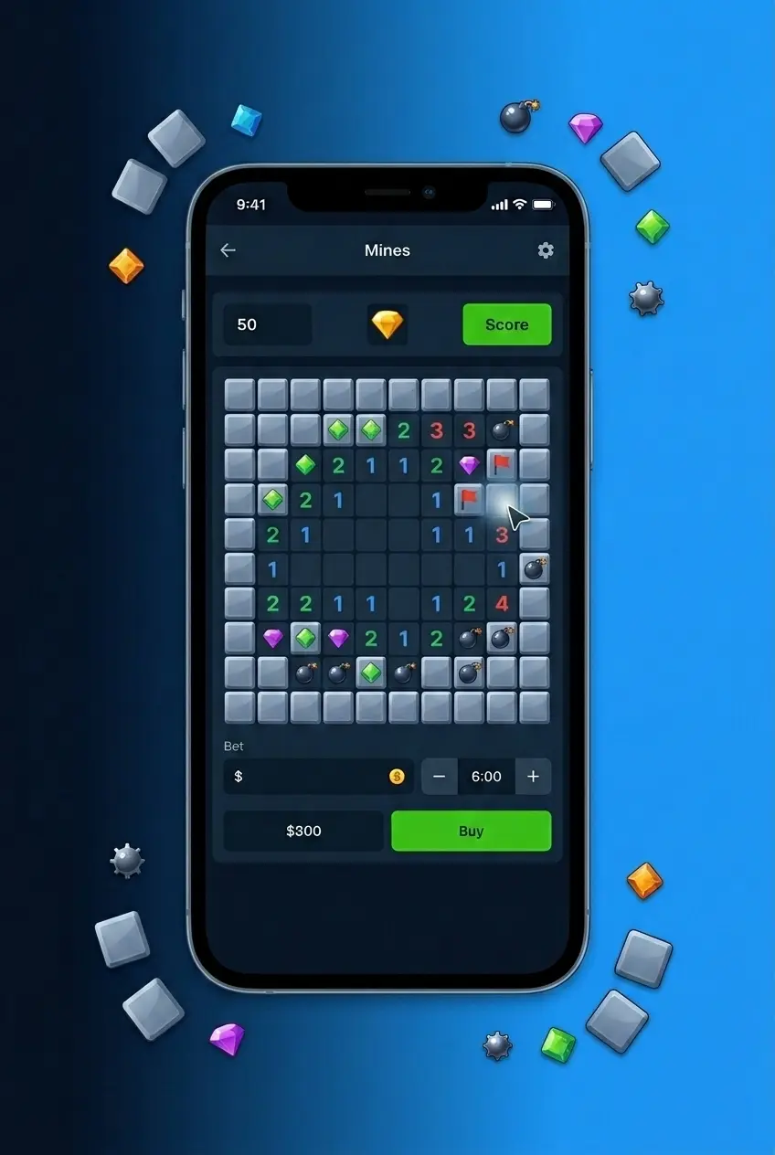 Screenshot of an active Mines round at 1win showing tile selection and multiplier during gameplay on smartphone.