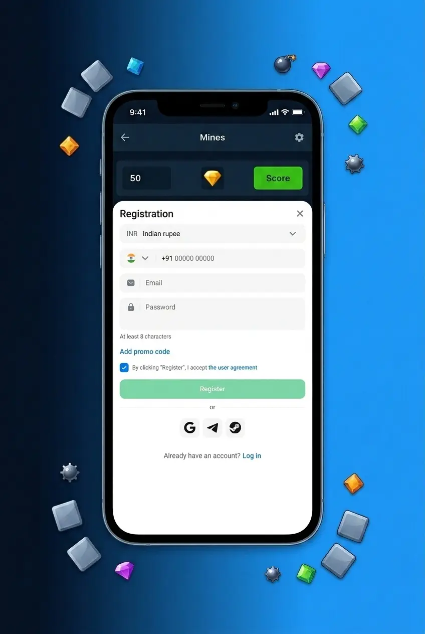 Step-by-step guide showing how to register, deposit, and play Mines at 1win on a smartphone screen.