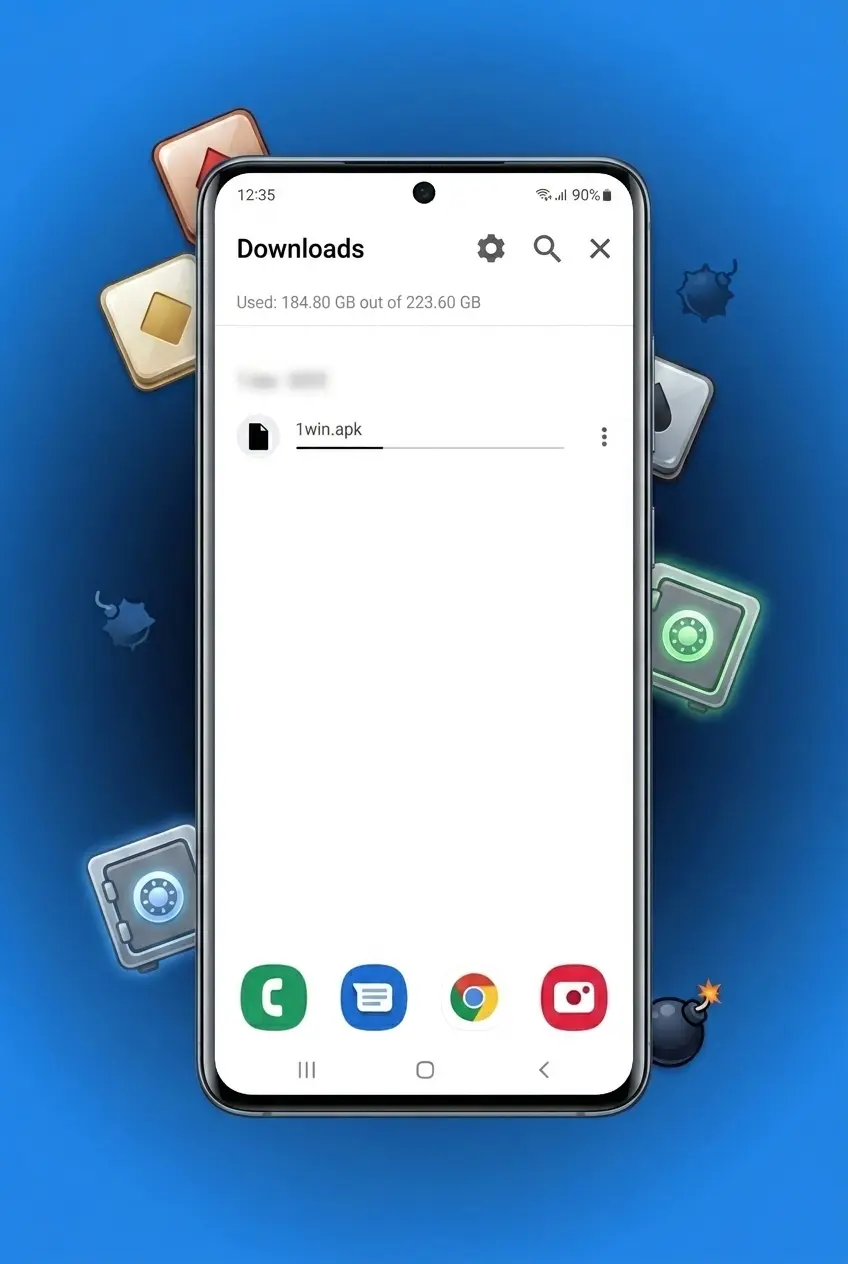 Screenshot showing 1win APK download and installation steps for playing Mines on Android smartphone