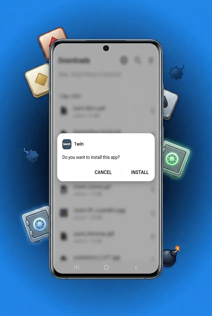 Screenshot of the 1win Android app login screen after installing the Mines APK on a smartphone