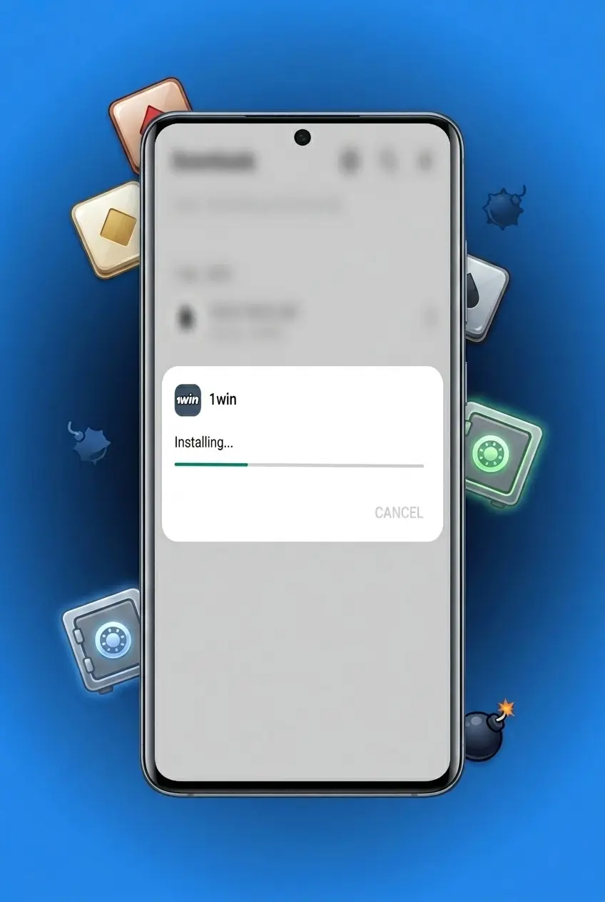Screenshot of Mines game inside the 1win Android APK app displayed on a smartphone screen