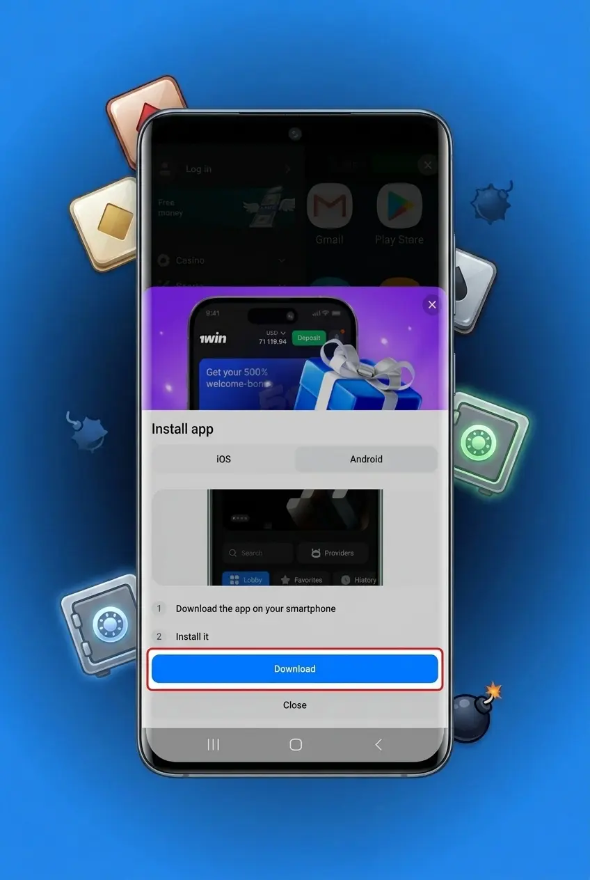 Step 1 of downloading the 1win Android APK to install and play Mines on your smartphone