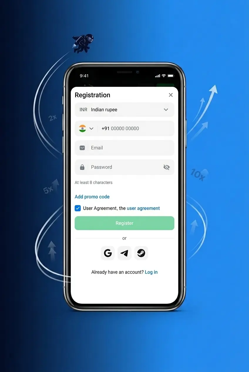 Step 1 of 1win registration process shown on smartphone screen to create account for playing Lucky Jet