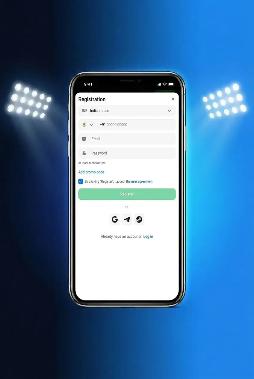 Step 1 of 1win registration on smartphone screen, showing sign-up form to create account and play Penalty Shoot Out.